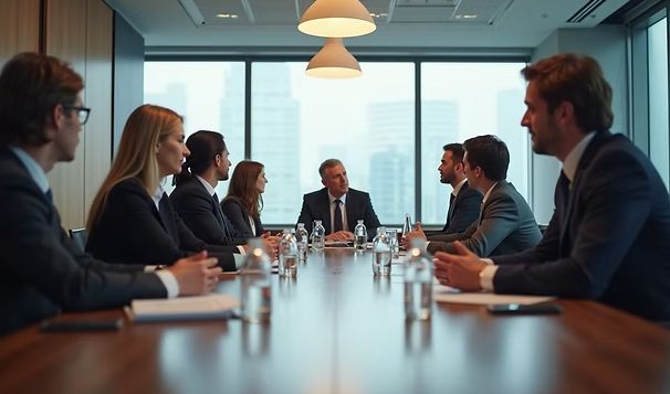 A True CyberChampion team works through an engagement plan around a boardroom table